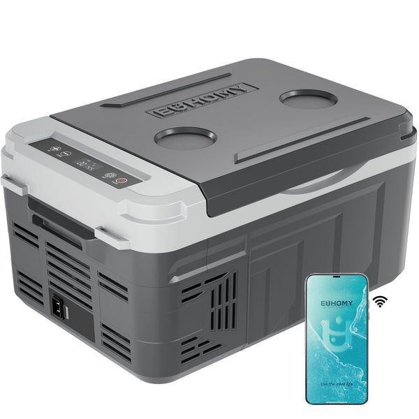 EUHOMY 12V Portable Car Refrigerator, 10L, Single Zone, APP Control, Brown & Gray – Compact Fridge & Freezer for Camping & Travel