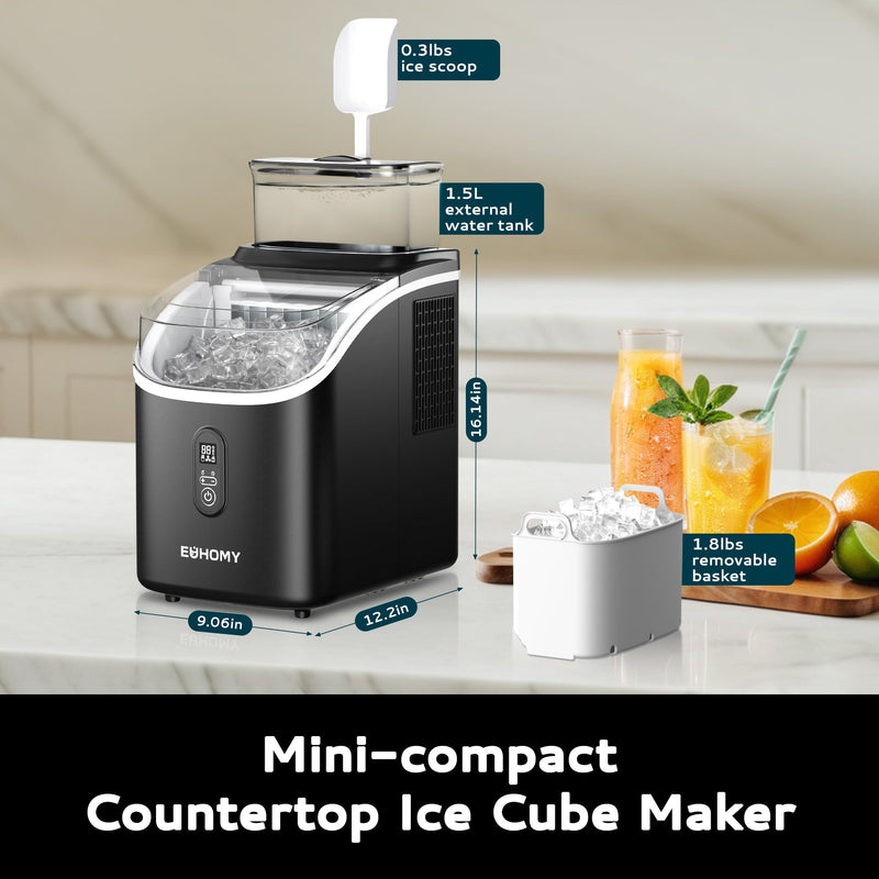 EUHOMY Ice Cube Maker Machine Countertop with External Water Tank, 34Lbs, 16Pcs Ready in 13 Mins, 2 Ways to Add Water, Auto-Cleaning, with Ice Scoop & Basket Includes 2 Bottles of Cleaner - Euhomy